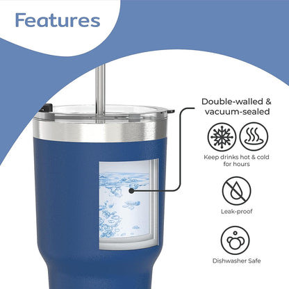 30 oz blue stainless steel tumbler features