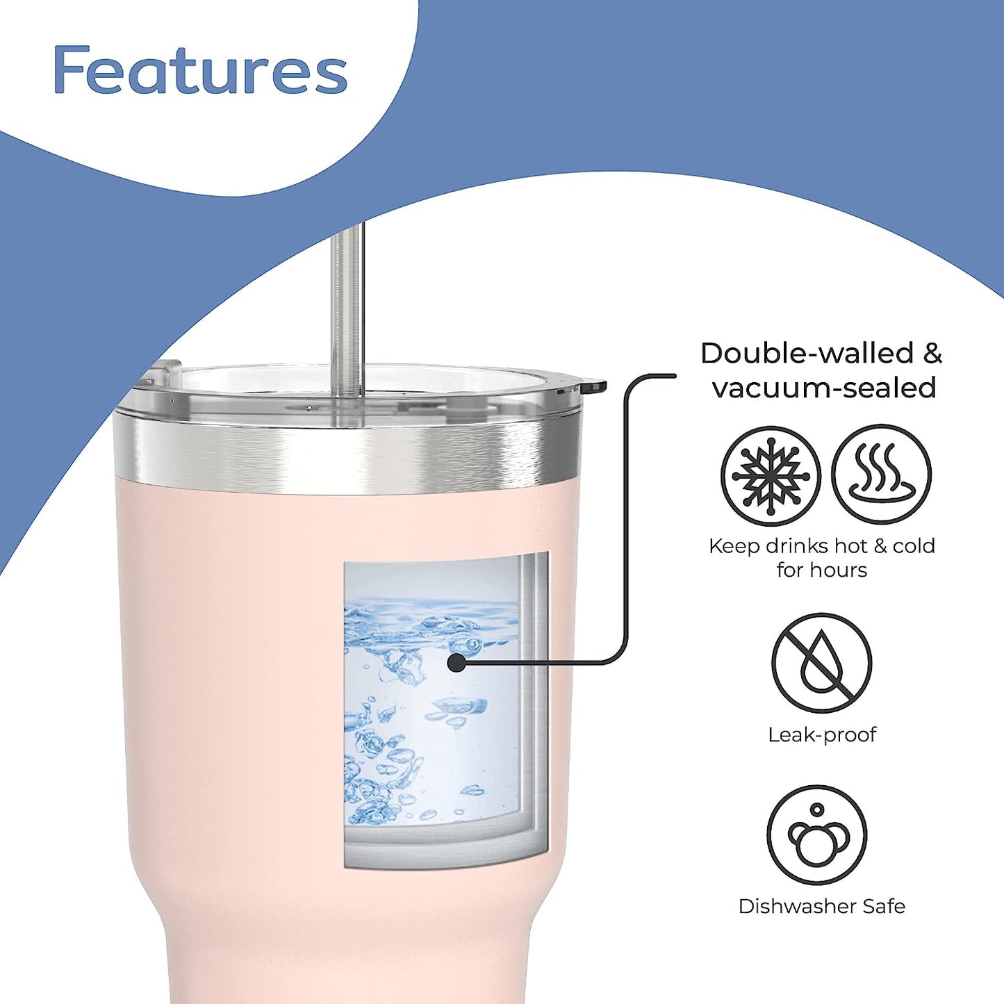 30 oz pink stainless steel tumbler features