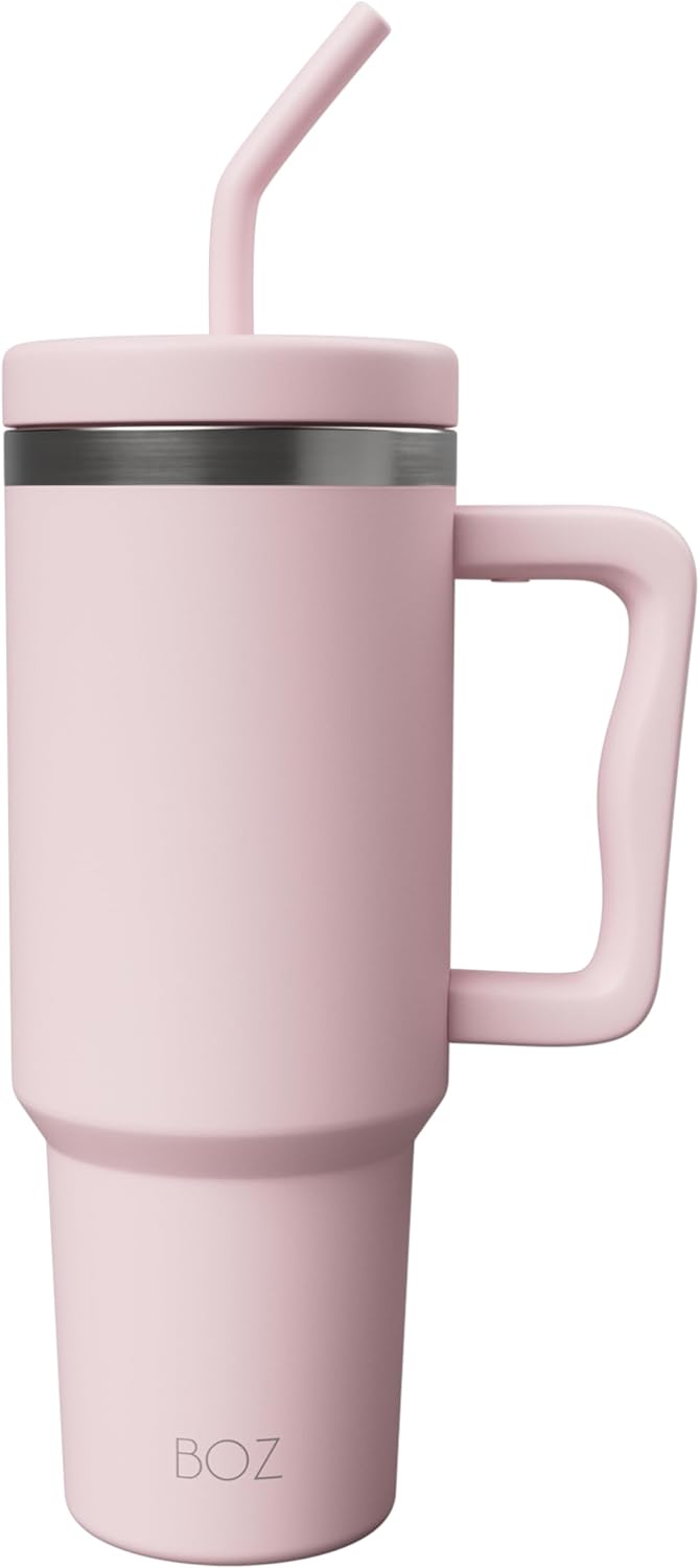 BOZ 40 oz Tumbler with Handle and Straw Lid - Cupholder-Friendly, Insulated Stainless Steel Water Bottle, Reusable Travel Mug, Ideal for Hot & Cold Beverages (Pink)