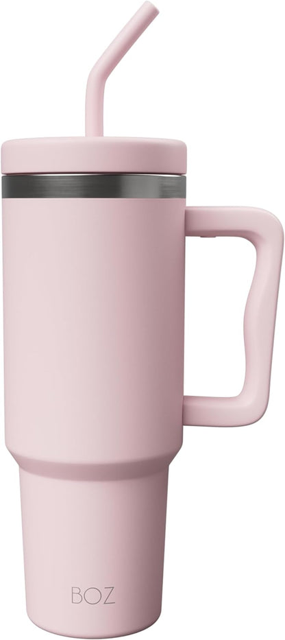 BOZ 40 oz Tumbler with Handle and Straw Lid - Cupholder-Friendly, Insulated Stainless Steel Water Bottle, Reusable Travel Mug, Ideal for Hot & Cold Beverages (Pink)