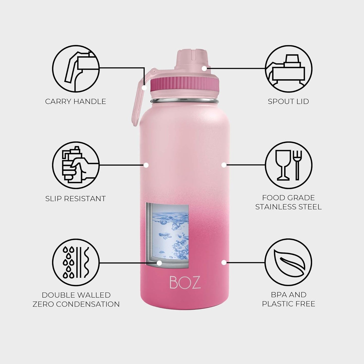 BOZ Stainless Steel Vacuum Insulated Water Bottle 32 oz - Gradient Pink