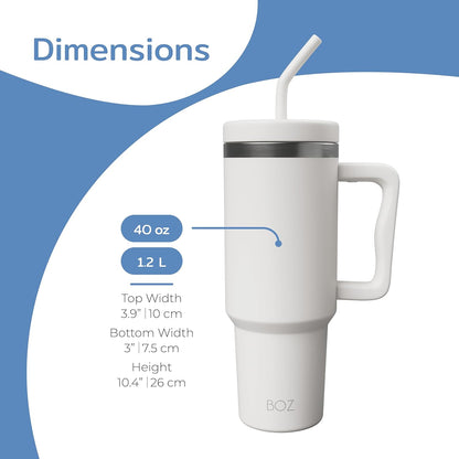 BOZ 40 oz Tumbler with Handle and Straw Lid - Cupholder-Friendly, Insulated Stainless Steel Water Bottle (White)