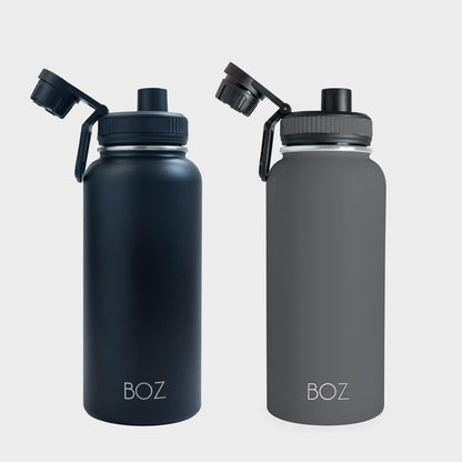 BOZ 2-Pack -  32 Oz Stainless Steel Water Bottle - Vacuum Insulated Water Bottle - Grey & Black