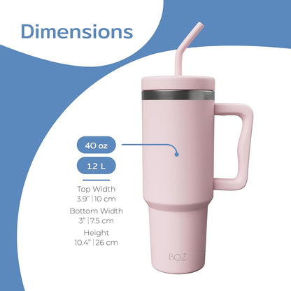 BOZ 40 oz Tumbler with Handle and Straw Lid - Cupholder-Friendly, Insulated Stainless Steel Water Bottle, Reusable Travel Mug, Ideal for Hot & Cold Beverages (Pink)