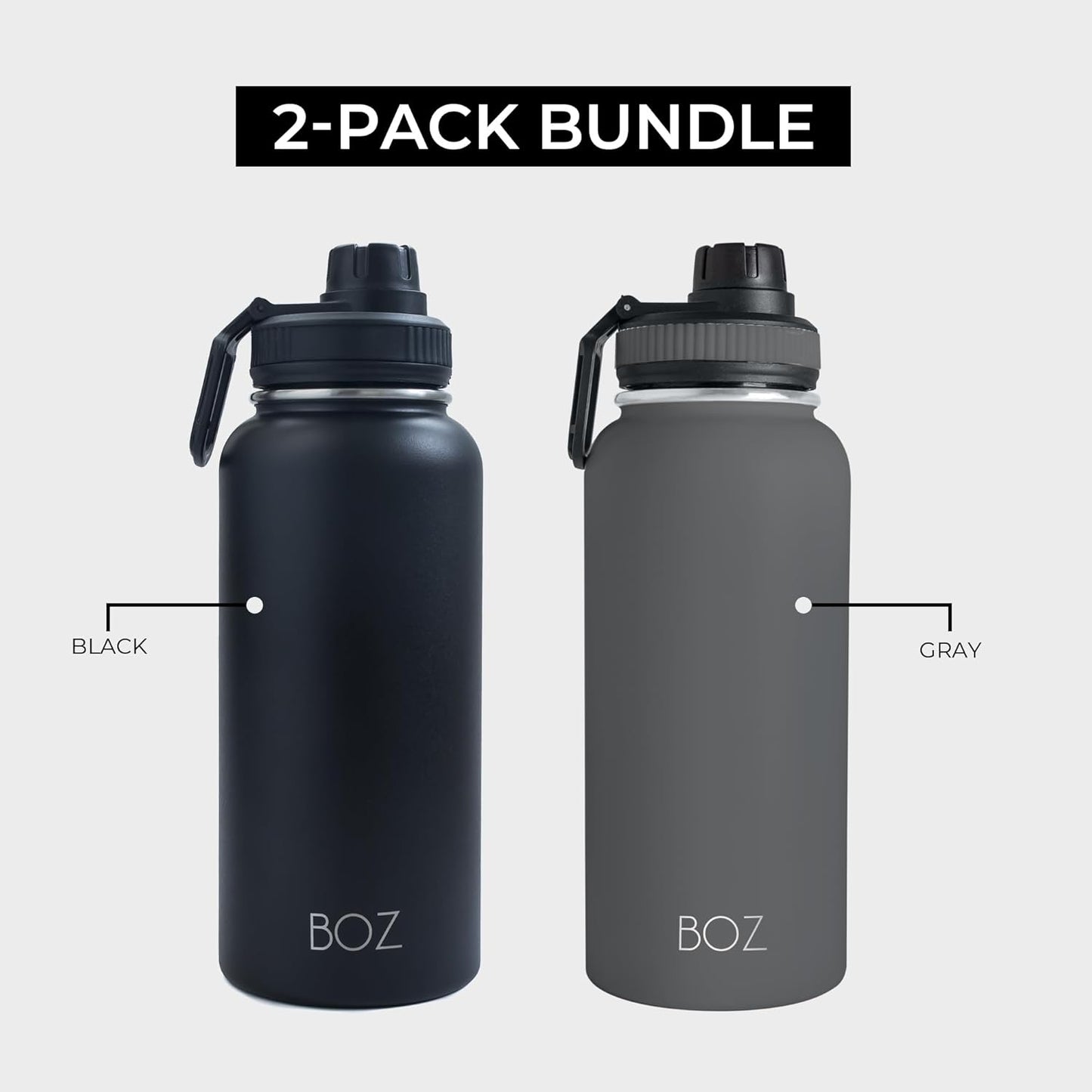 BOZ 2-Pack -  32 Oz Stainless Steel Water Bottle - Vacuum Insulated Water Bottle - Grey & Black