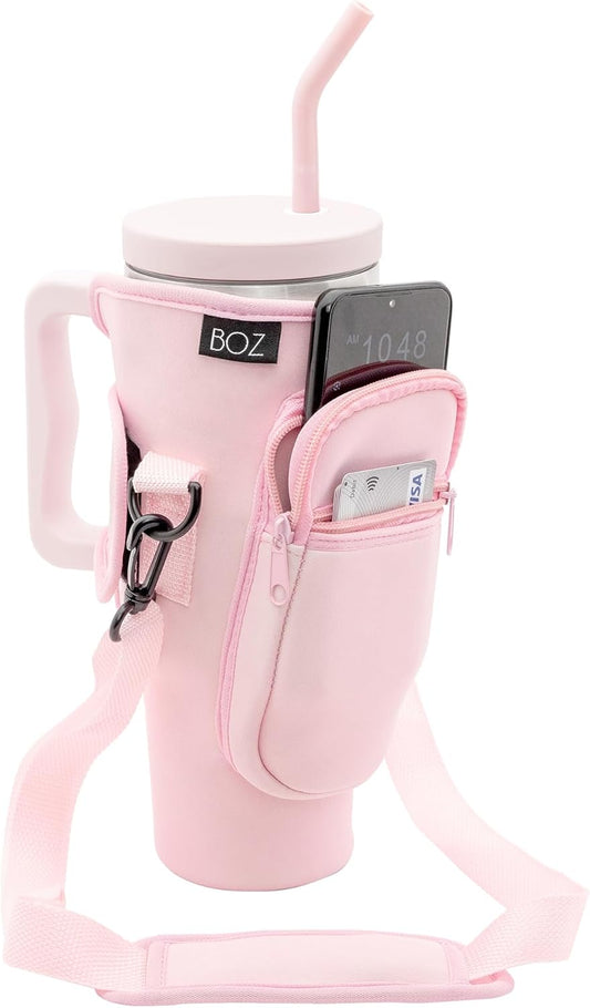 BOZ Water Bottle Carrier Bag with Phone Pocket - 40oz/1.2L Tumbler Carrier with Strap, Adjustable Water Bottle Holder, Sling Bag, Neoprene Protection, Water Bottle Holder with Strap (Pink)