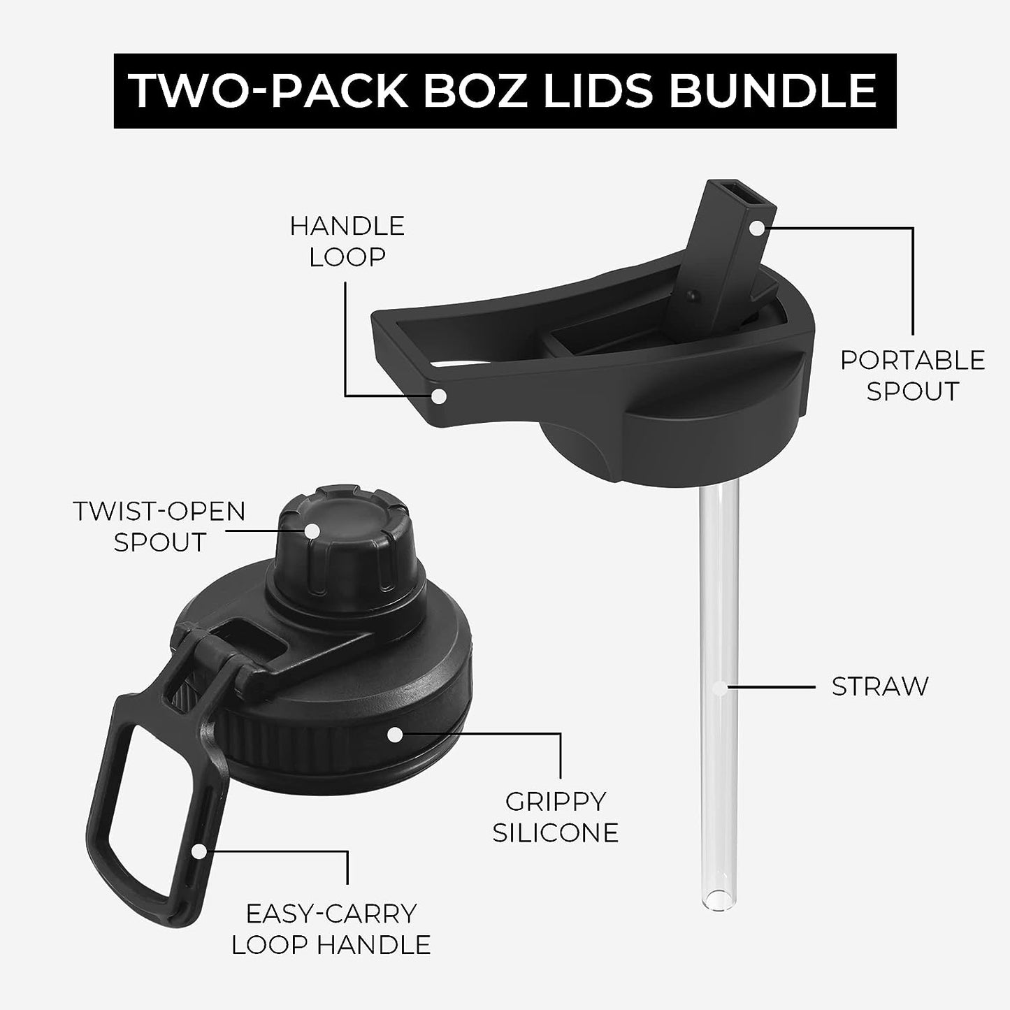 BOZ Replacement Lids for BOZ Stainless Steel Water Bottle XL - with Spout Lid and Straw Lid