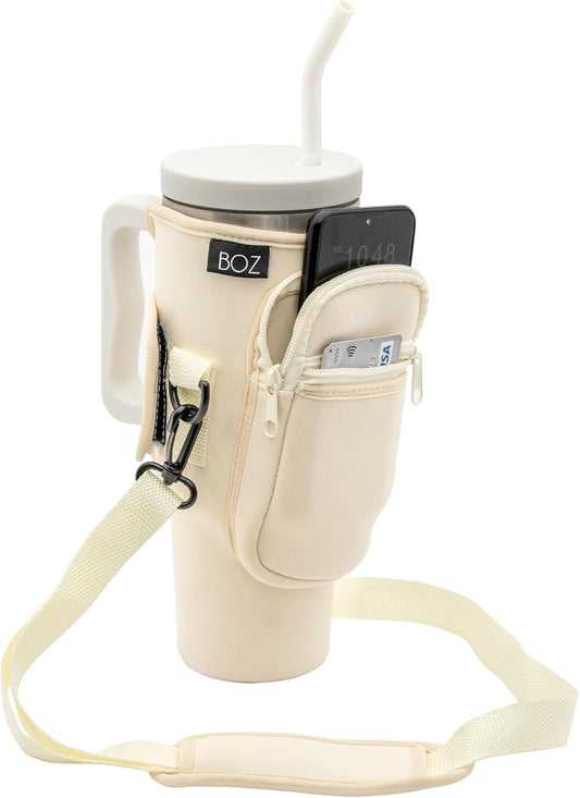 BOZ Water Bottle Carrier Bag with Phone Pocket - 40oz/1.2L Tumbler Carrier with Strap, Adjustable Water Bottle Holder, Sling Bag, Neoprene Protection, Water Bottle Holder with Strap (Beige)