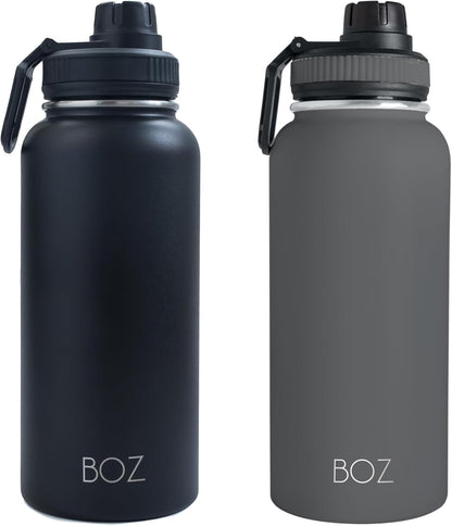 BOZ 2-Pack -  32 Oz Stainless Steel Water Bottle - Vacuum Insulated Water Bottle - Grey & Black