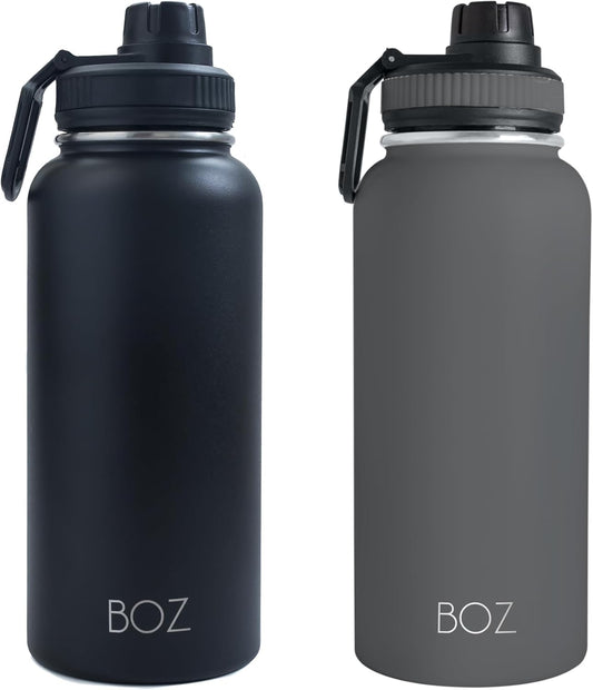 BOZ 2-Pack -  32 Oz Stainless Steel Water Bottle - Vacuum Insulated Water Bottle - Grey & Black