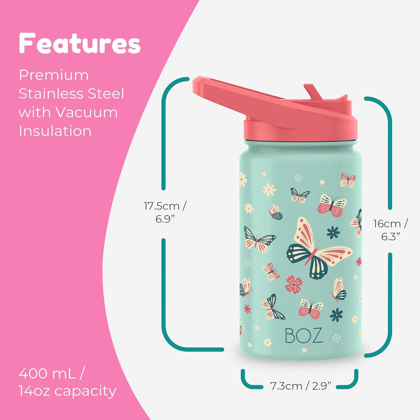 BOZ Kids Insulated Water Bottle with Straw Lid, 14 oz - Butterfly