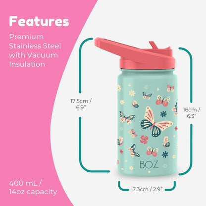 BOZ Kids Insulated Water Bottle with Straw Lid, 14 oz - Butterfly