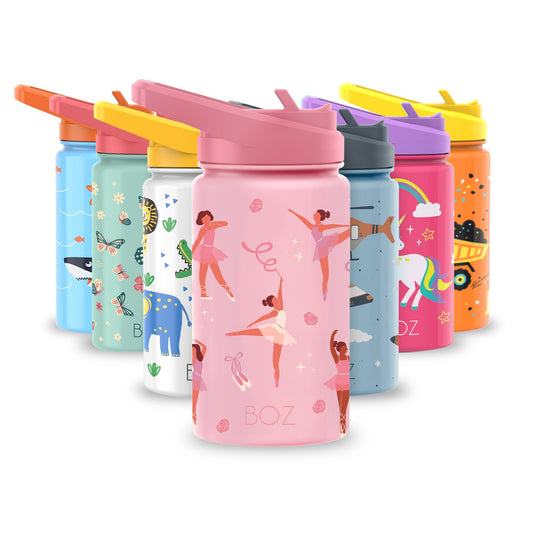 BOZ Kids Water Bottle for School with Straw, Vacuum Double Wall Stainless Steel Insulated Water Bottles for Toddlers, Leak Proof & Spill Proof Cup, for Boys & Girls 14 oz (414 ml) Ballerina