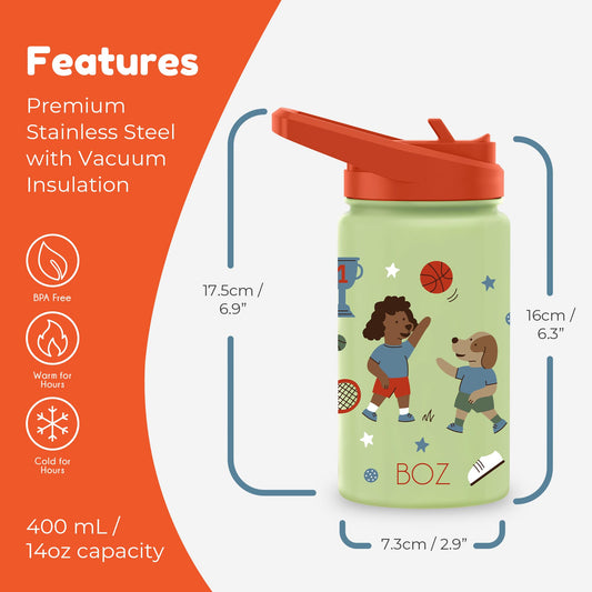 BOZ Kids Water Bottle for School with Straw, Vacuum Double Wall Stainless Steel Insulated Water Bottles for Toddlers, Leak Proof & Spill Proof Cup, for Boys & Girls 14 oz (414 ml) Dogs Playing Sport