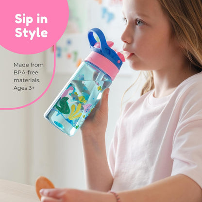 BOZ Kids 2-Pack Flip Water Bottles with Push Button Pop-Up Straw, 14 oz - Mermaid & Unicorn