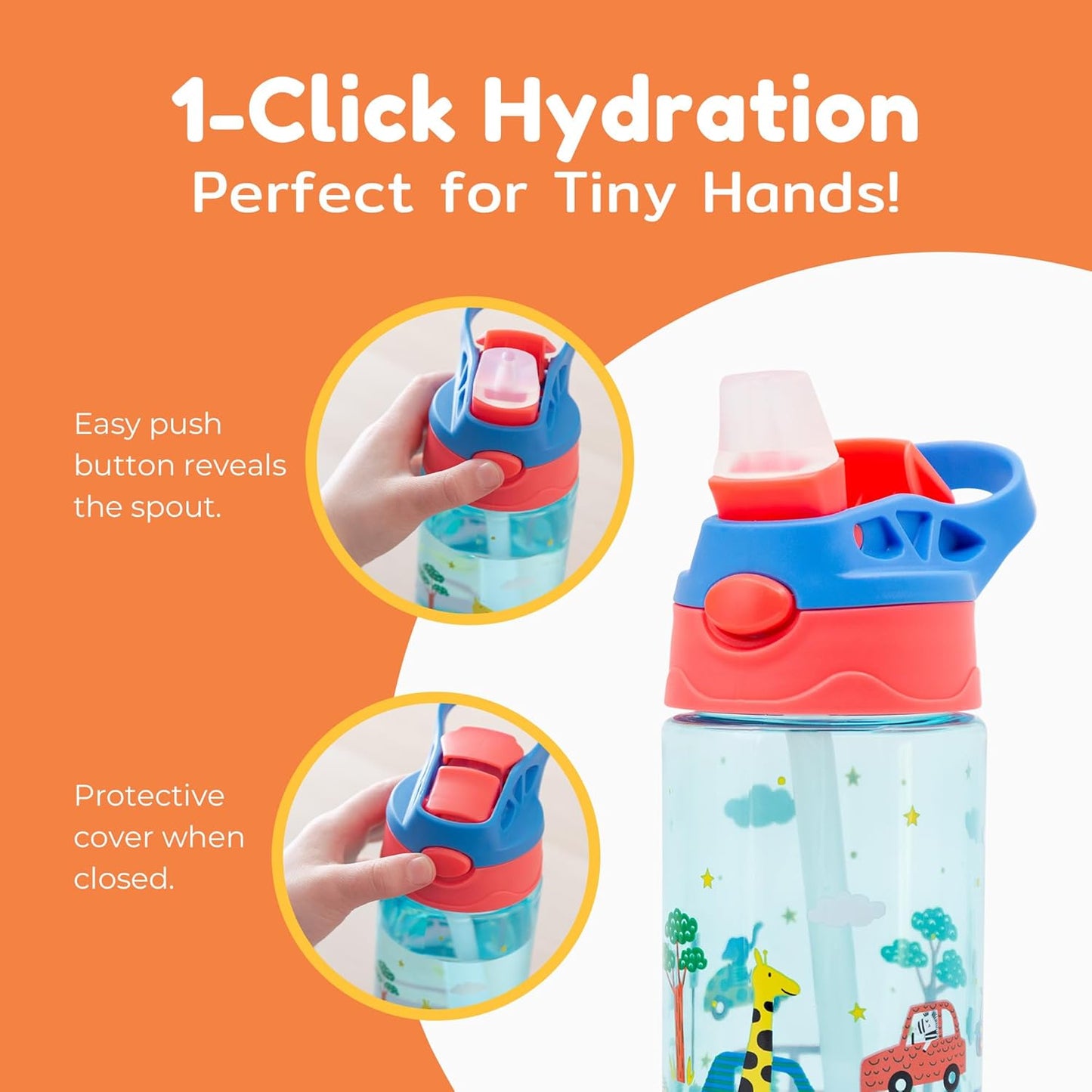BOZ Kids 2-Pack Flip Water Bottles with Push Button Pop-Up Straw, 14 oz - Cars & Construction