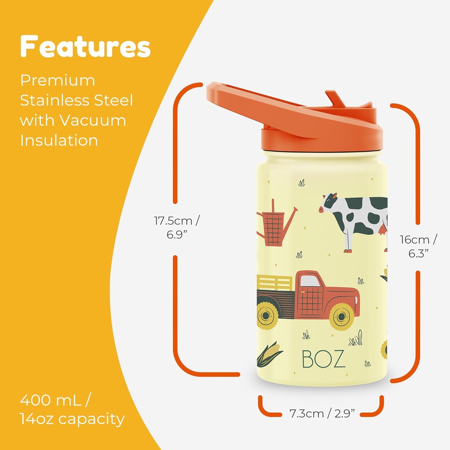 BOZ Kids Insulated Water Bottle with Straw Lid, 14 oz - Farm