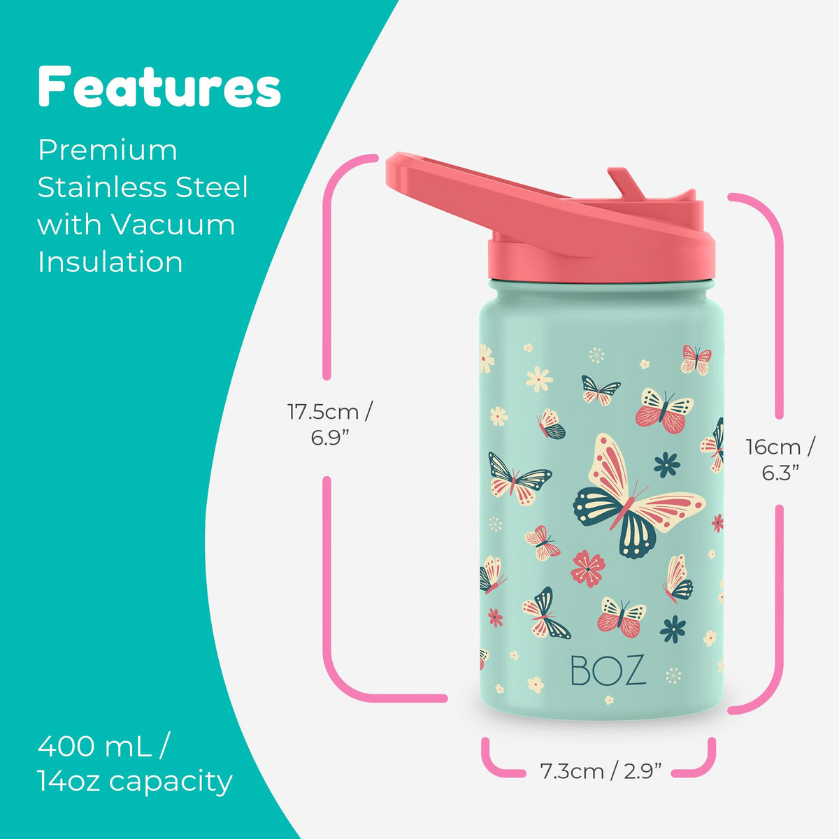 BOZ Kids Water Bottle for School with Straw (2 Pack), Vacuum Double Wall Stainless Steel Insulated Water Bottles for Toddlers, Leak Proof & Spill Proof Cup, 14 oz (414 ml) (Unicorn / Butterfly)