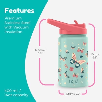 BOZ Kids Water Bottle for School with Straw (2 Pack), Vacuum Double Wall Stainless Steel Insulated Water Bottles for Toddlers, Leak Proof & Spill Proof Cup, 14 oz (414 ml) (Unicorn / Butterfly)