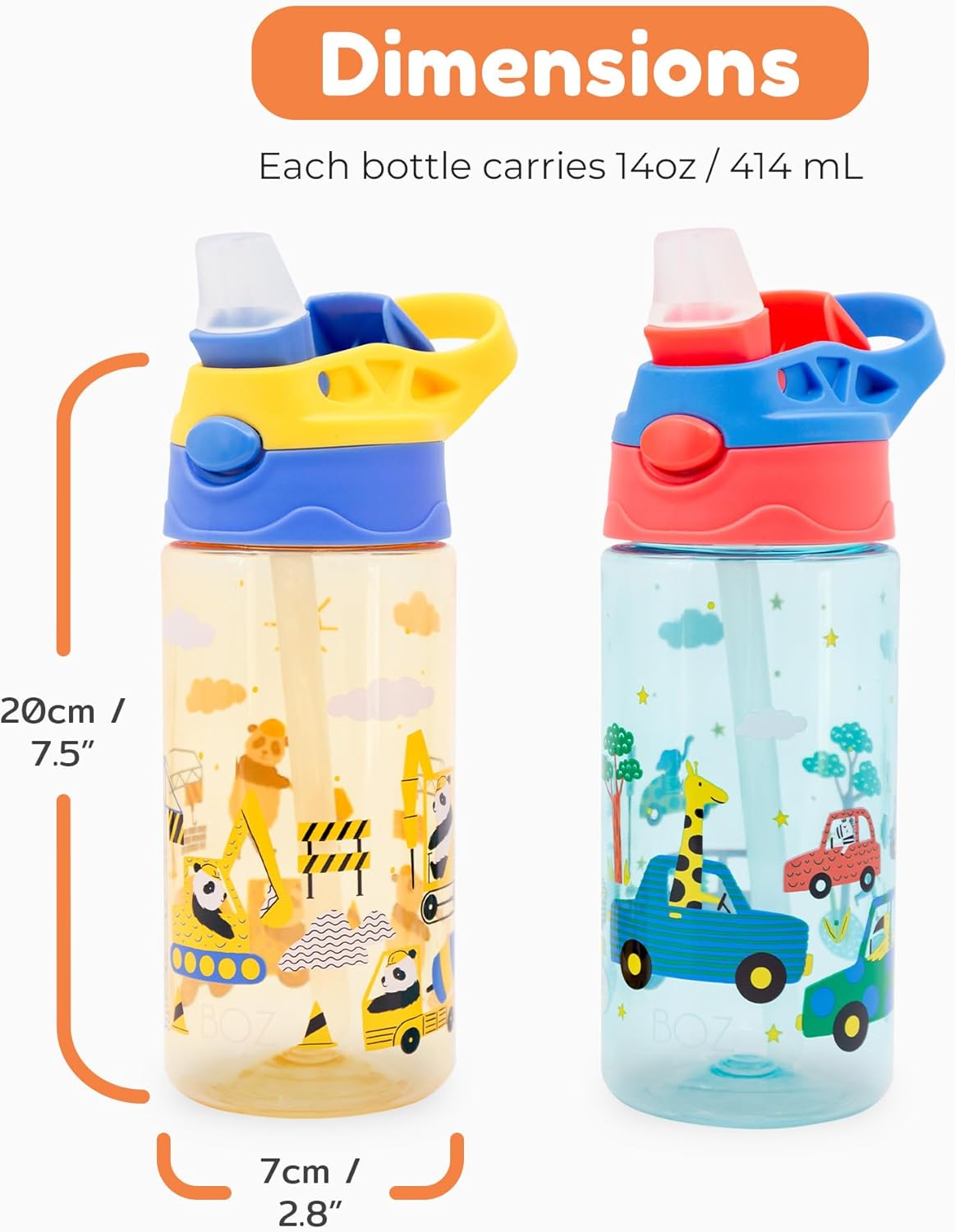 BOZ Kids 2-Pack Flip Water Bottles with Push Button Pop-Up Straw, 14 oz - Cars & Construction