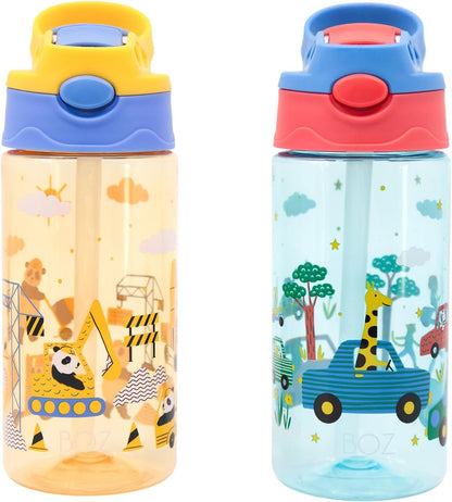 BOZ Kids 2-Pack Flip Water Bottles with Push Button Pop-Up Straw, 14 oz - Cars & Construction
