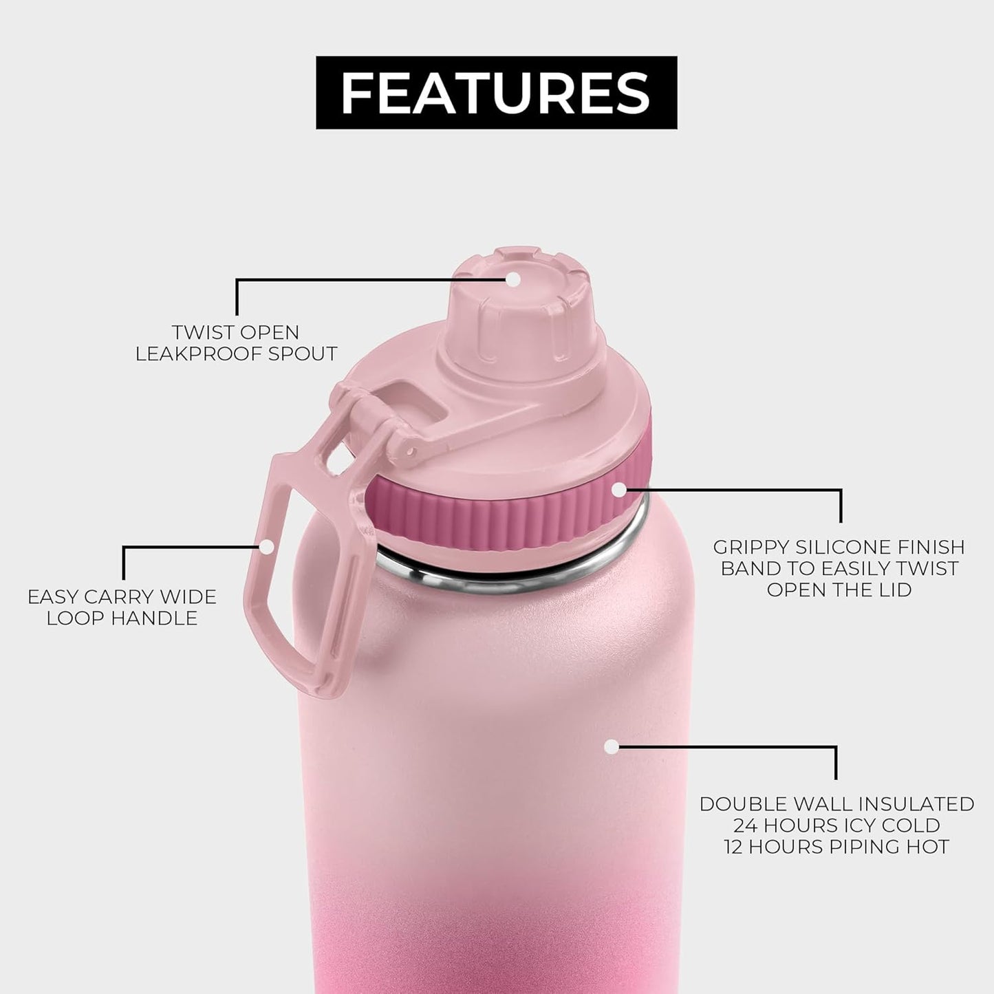 BOZ Stainless Steel Vacuum Insulated Water Bottle 32 oz - Gradient Pink
