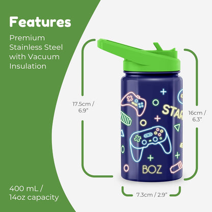 BOZ Kids 2-Pack Insulated Water Bottles with Straw Lid, 14 oz - Game & Car
