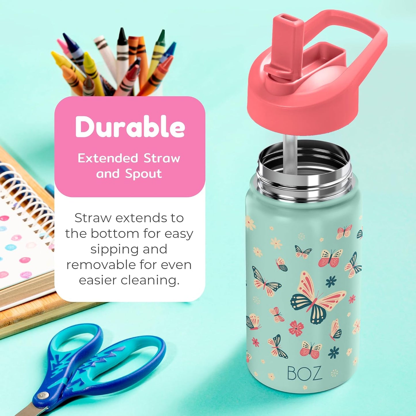 BOZ Kids Insulated Water Bottle with Straw Lid, 14 oz - Butterfly