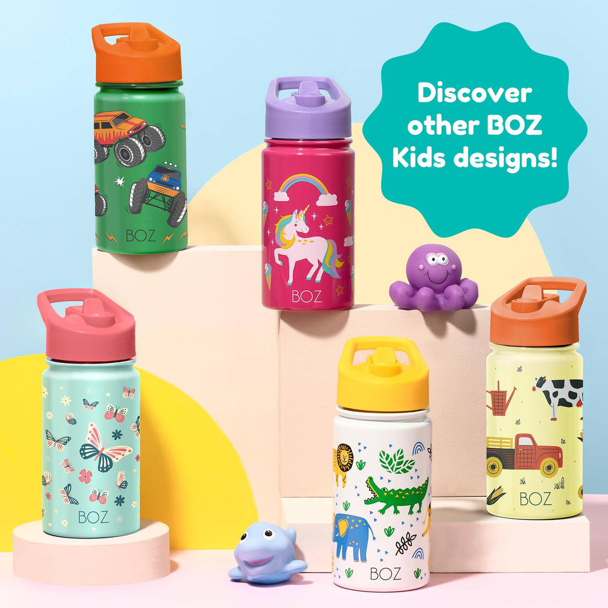 BOZ Kids Water Bottle for School with Straw (2 Pack), Vacuum Double Wall Stainless Steel Insulated Water Bottles for Toddlers, Leak Proof & Spill Proof Cup, 14 oz (414 ml) (Unicorn / Butterfly)