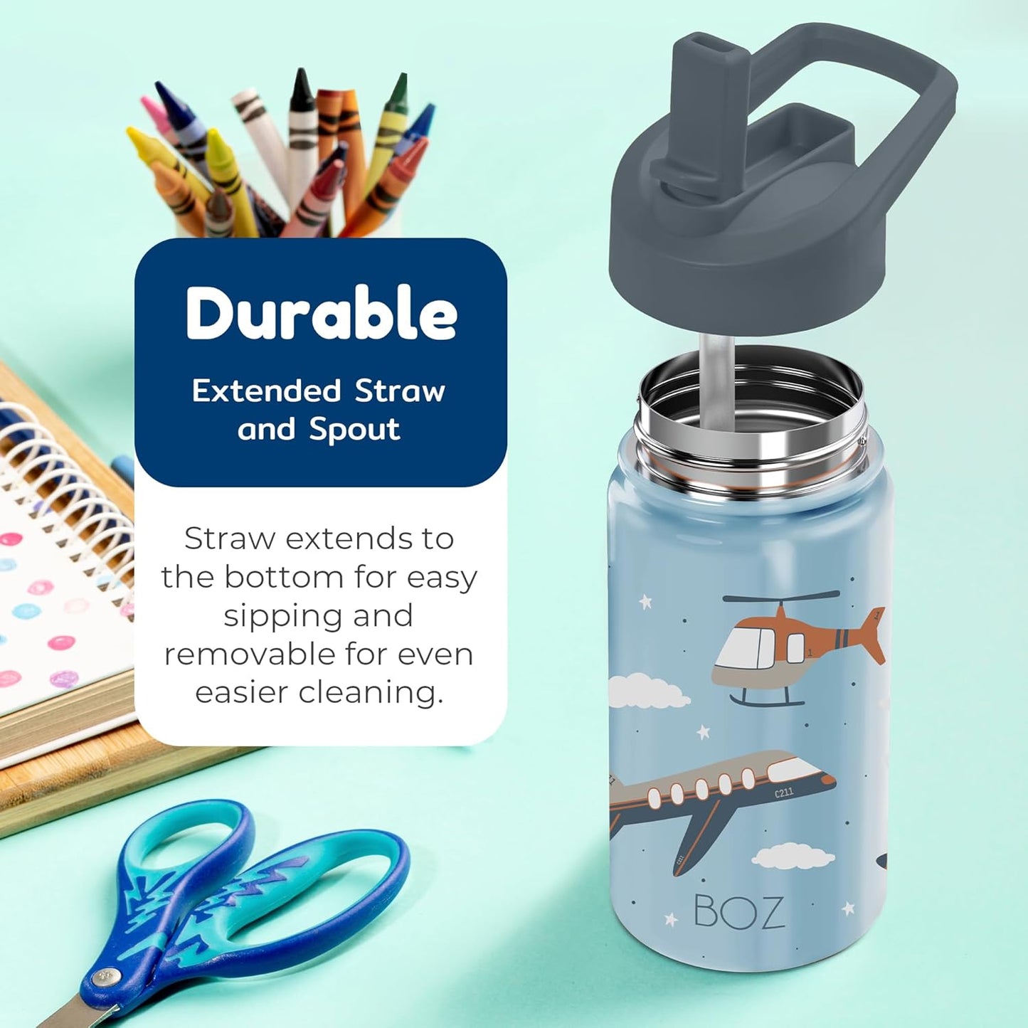 BOZ Kids Insulated Water Bottle with Straw Lid, 14 oz - Sky