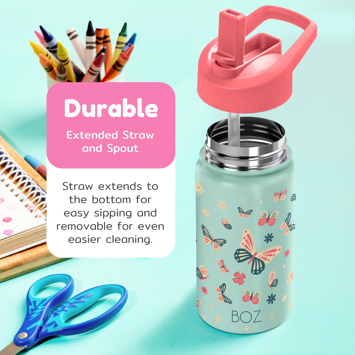 BOZ Kids Water Bottle for School with Straw (2 Pack), Vacuum Double Wall Stainless Steel Insulated Water Bottles for Toddlers, Leak Proof & Spill Proof Cup, 14 oz (414 ml) (Unicorn / Butterfly)