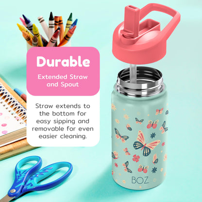 BOZ Kids Water Bottle for School with Straw (2 Pack), Vacuum Double Wall Stainless Steel Insulated Water Bottles for Toddlers, Leak Proof & Spill Proof Cup, 14 oz (414 ml) (Unicorn / Butterfly)