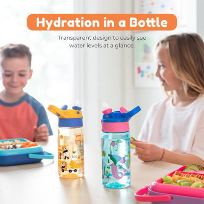 BOZ Kids 2-Pack Flip Water Bottles with Push Button Pop-Up Straw, 14 oz - Cars & Construction