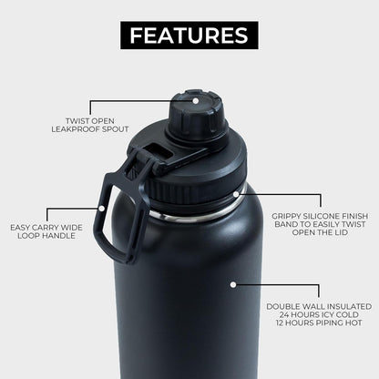 BOZ 2-Pack -  32 Oz Stainless Steel Water Bottle - Vacuum Insulated Water Bottle - Grey & Black