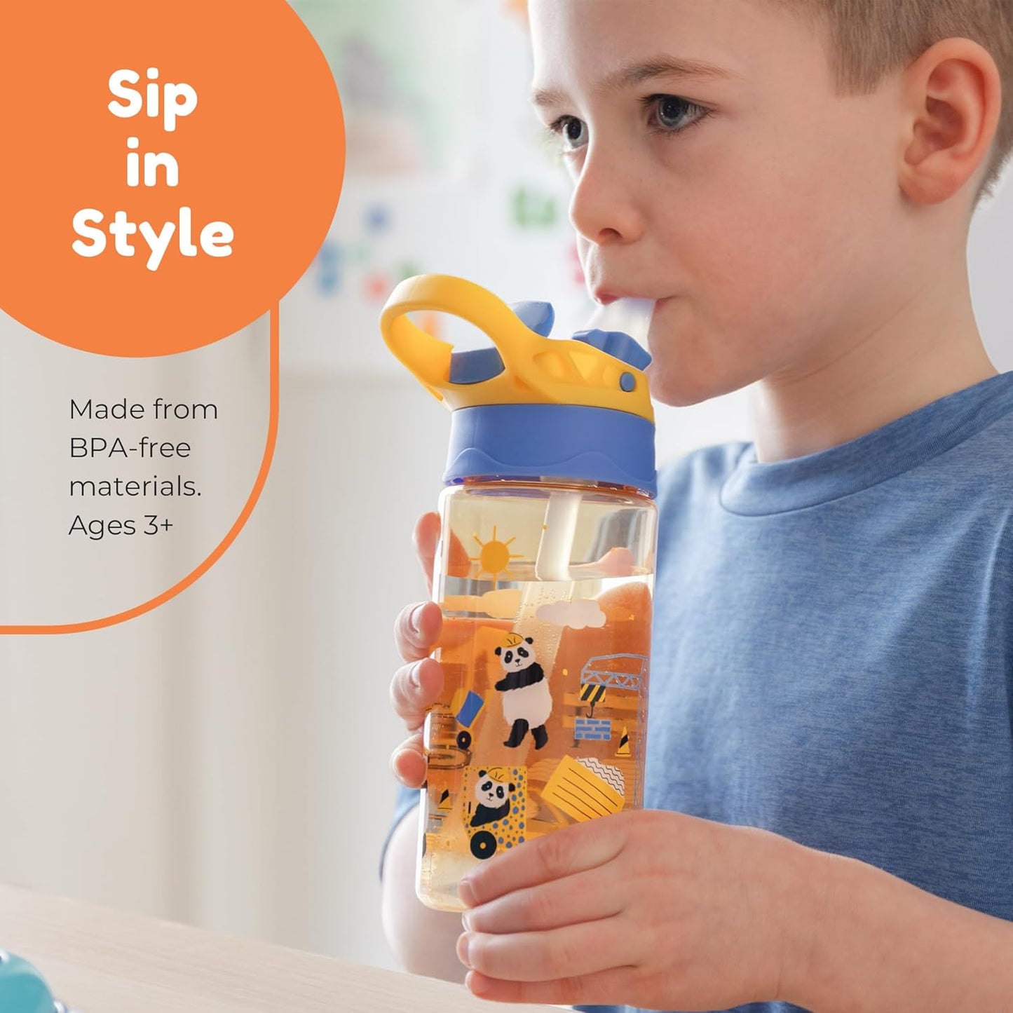 BOZ Kids 2-Pack Flip Water Bottles with Push Button Pop-Up Straw, 14 oz - Cars & Construction