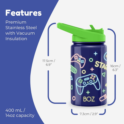 BOZ Kids Insulated Water Bottle with Straw Lid, 14 oz - Game