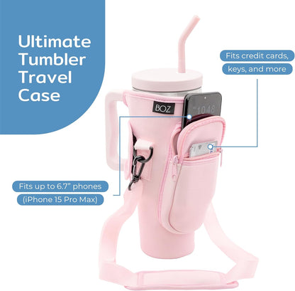 BOZ Water Bottle Carrier Bag with Phone Pocket - 40oz/1.2L Tumbler Carrier with Strap, Adjustable Water Bottle Holder, Sling Bag, Neoprene Protection, Water Bottle Holder with Strap (Pink)