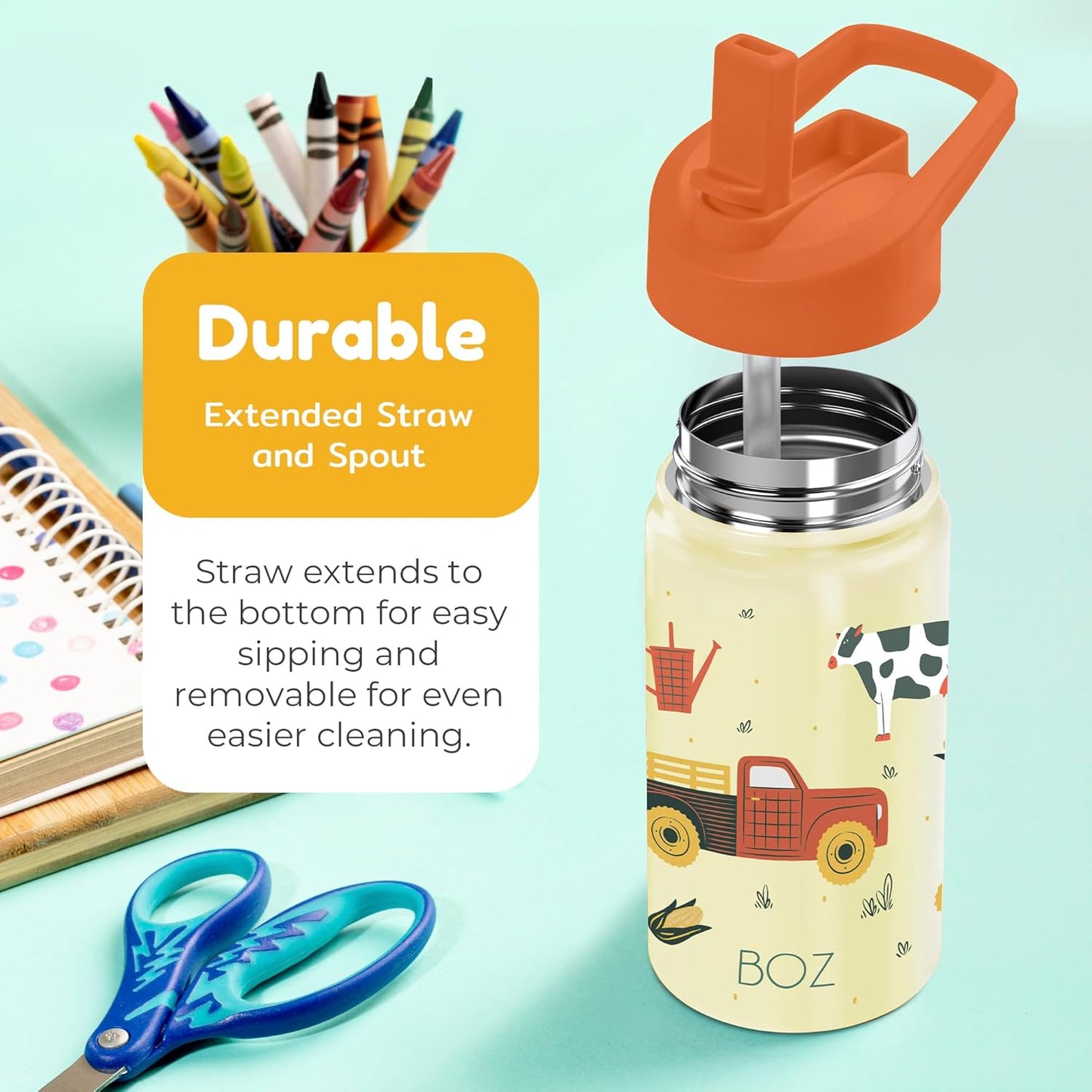 BOZ Kids Insulated Water Bottle with Straw Lid, 14 oz - Farm