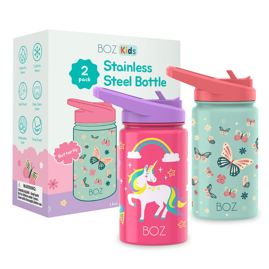 BOZ Kids Water Bottle for School with Straw (2 Pack), Vacuum Double Wall Stainless Steel Insulated Water Bottles for Toddlers, Leak Proof & Spill Proof Cup, 14 oz (414 ml) (Unicorn / Butterfly)