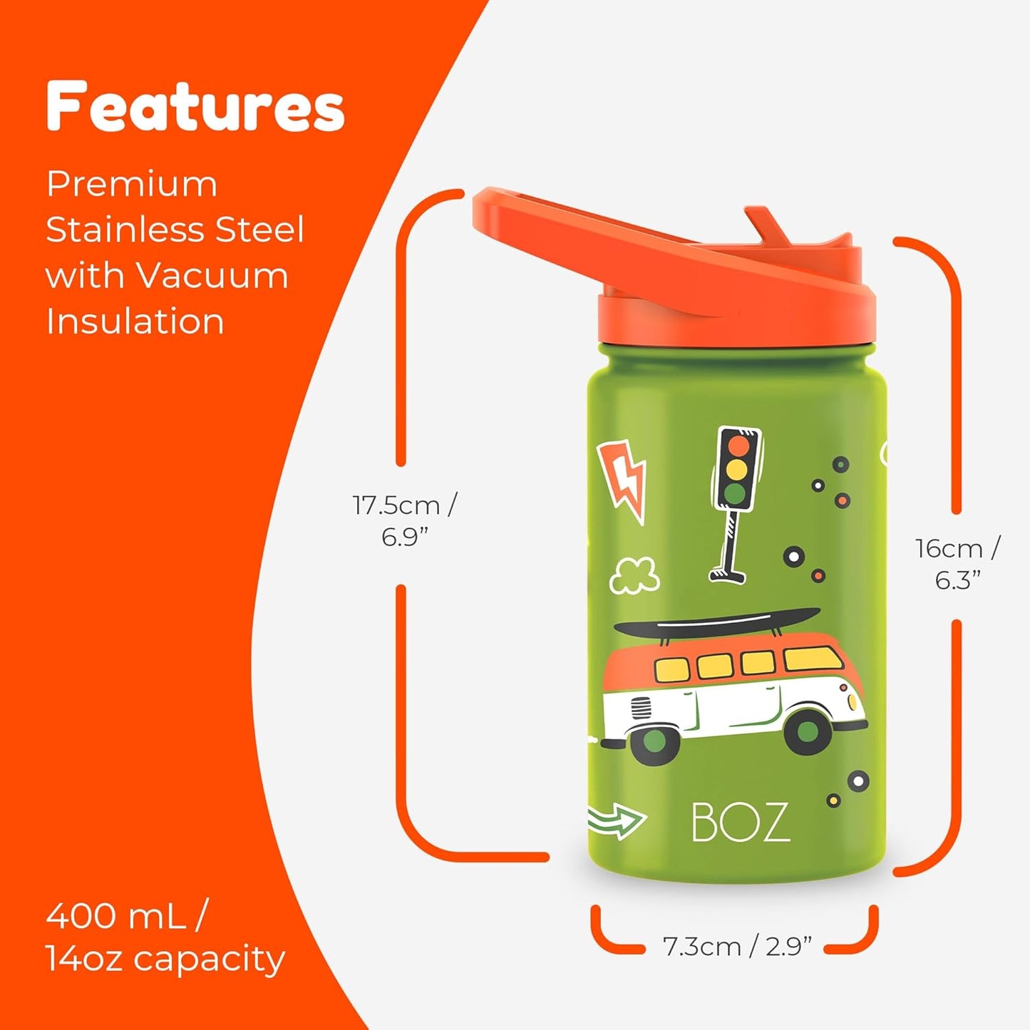 BOZ Kids Insulated Water Bottle with Straw Lid, 14 oz - Cars