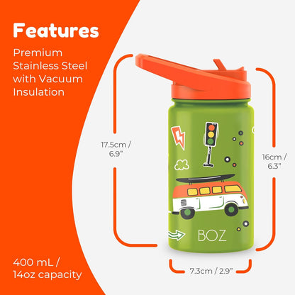 BOZ Kids Insulated Water Bottle with Straw Lid, 14 oz - Cars