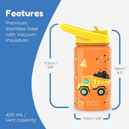 BOZ Kids 2-Pack Insulated Water Bottles with Straw Lid, 14 oz - Construction & Safari