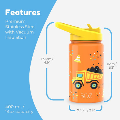BOZ Kids 2-Pack Insulated Water Bottles with Straw Lid, 14 oz - Construction & Dinosaur