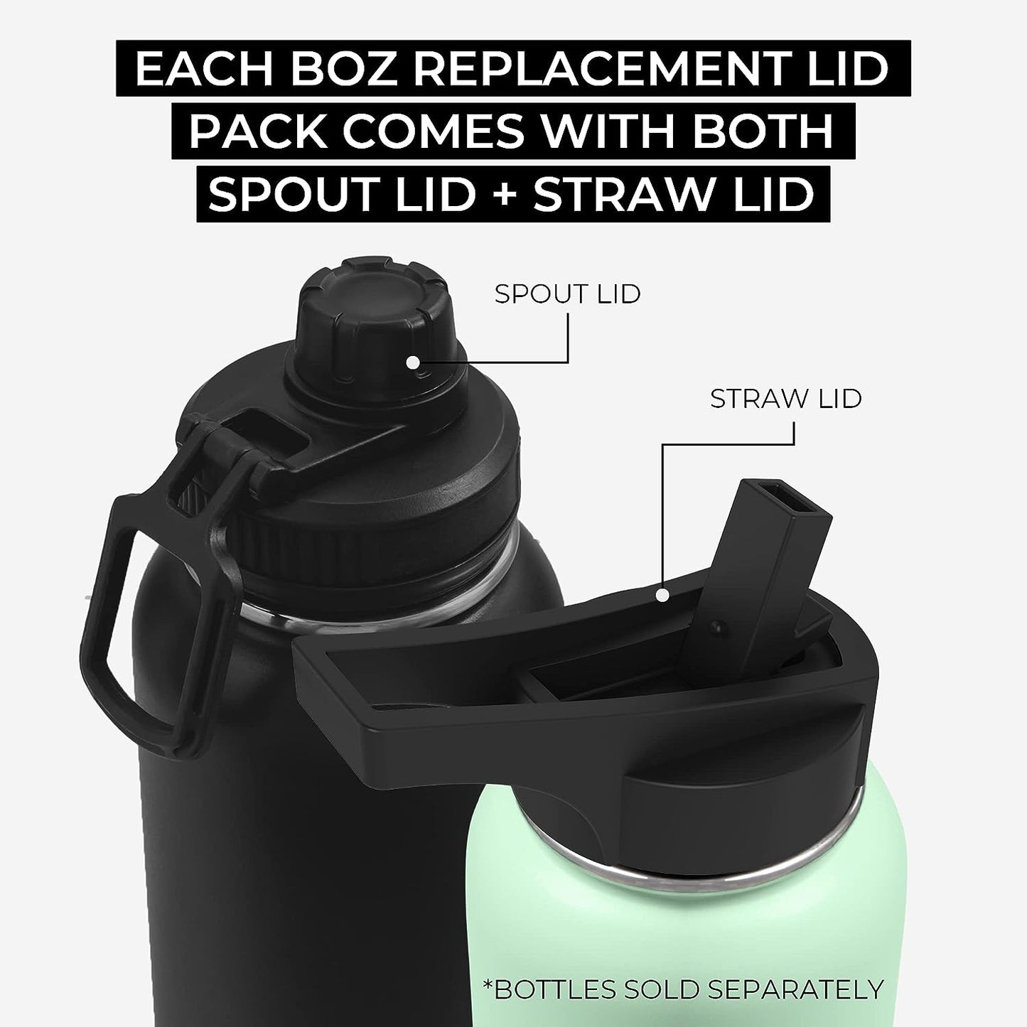 BOZ Replacement Lids for BOZ Stainless Steel Water Bottle XL - with Spout Lid and Straw Lid