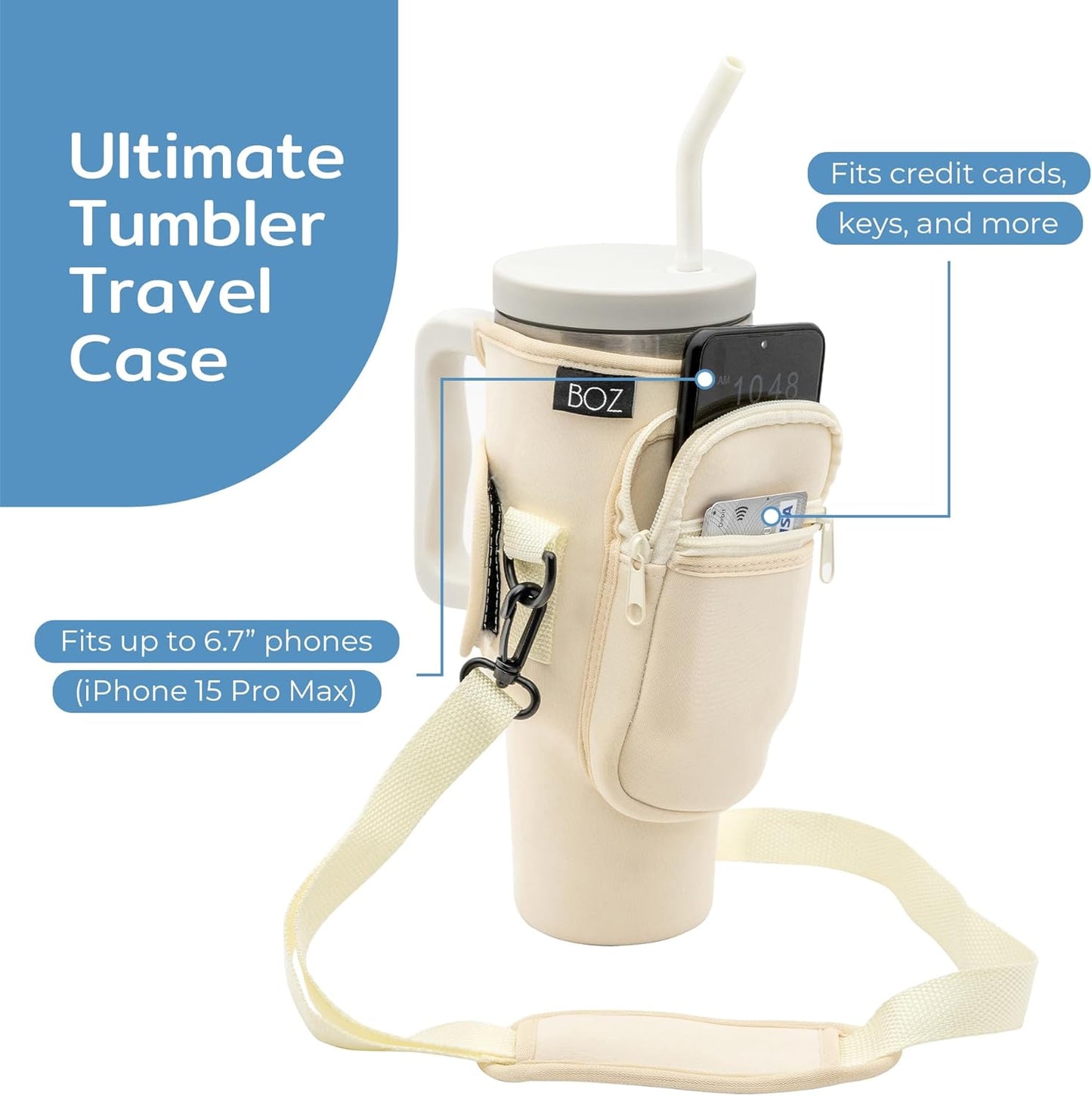 BOZ Water Bottle Carrier Bag with Phone Pocket - 40oz/1.2L Tumbler Carrier with Strap, Adjustable Water Bottle Holder, Sling Bag, Neoprene Protection, Water Bottle Holder with Strap (Beige)