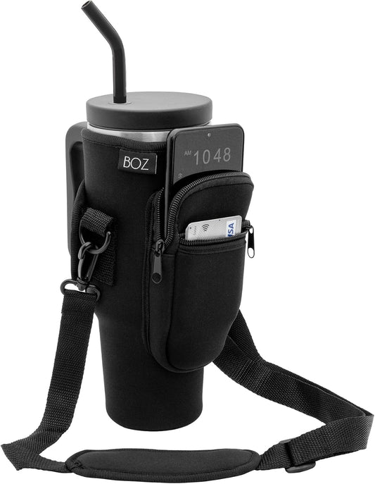 BOZ Water Bottle Bag with Phone Pocket - 1.2L/ 40oz Tumbler Carrier with Strap, Adjustable Water Bottle Holder Sling Bag, Water Bottle Carrier with Strap, Neoprene Protection (Black)
