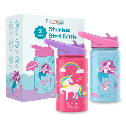 BOZ Kids 2-Pack Insulated Water Bottles with Straw Lid, 14 oz - Unicorn & Mermaid