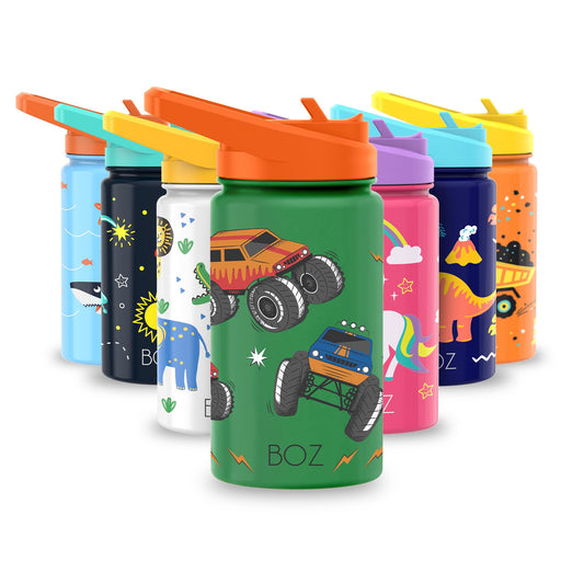 BOZ Kids Water Bottle for School with Straw, Vacuum Double Wall Stainless Steel Insulated Water Bottles for Toddlers, Leak Proof & Spill Proof Cup, for Boys & Girls 14 oz (414 ml) Monster Truck
