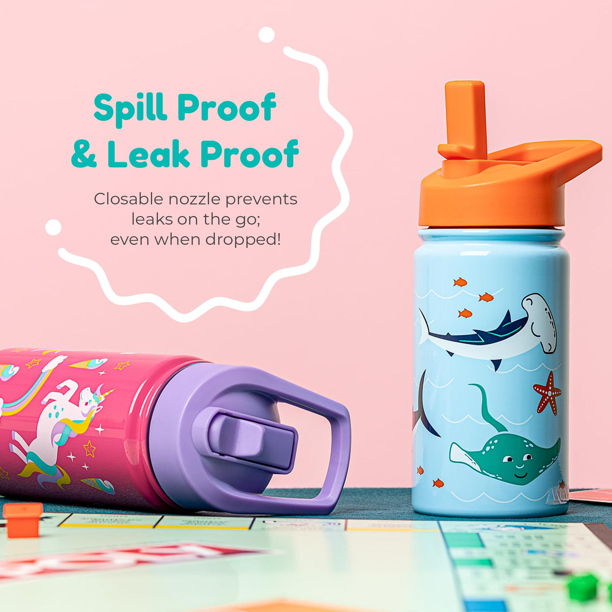 BOZ Kids Water Bottle for School with Straw (2 Pack), Vacuum Double Wall Stainless Steel Insulated Water Bottles for Toddlers, Leak Proof & Spill Proof Cup, 14 oz (414 ml) (Unicorn / Butterfly)