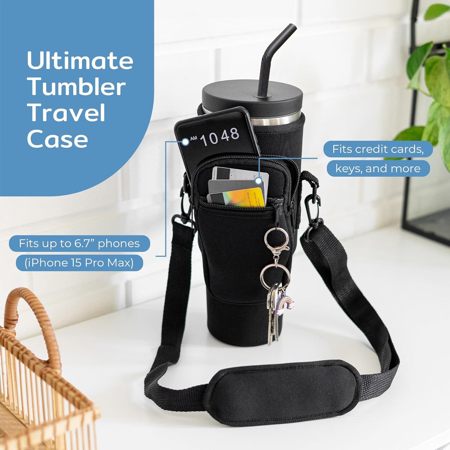 BOZ Water Bottle Bag with Phone Pocket - 1.2L/ 40oz Tumbler Carrier with Strap, Adjustable Water Bottle Holder Sling Bag, Water Bottle Carrier with Strap, Neoprene Protection (Black)
